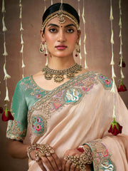 Attractive Cream Color Sequins Silk Event Wear Saree With Blouse