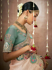Attractive Cream Color Sequins Silk Event Wear Saree With Blouse