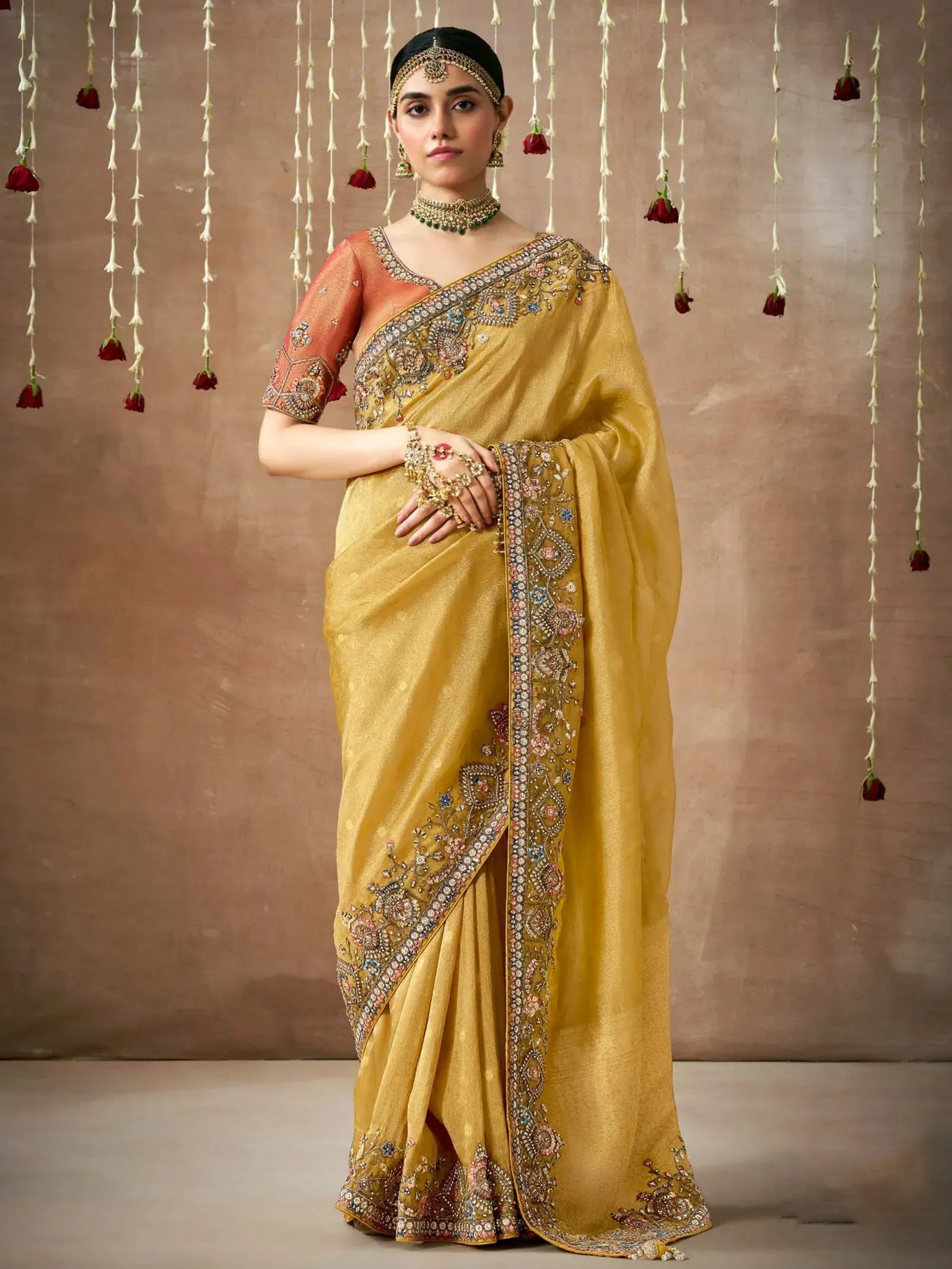Elegant mustard yellow embroidered saree with matching blouse, perfect for Indian ethnic occasions