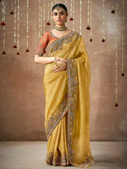 Alluring Mustard Color Sequins Silk Haldi Wear Saree With Blouse