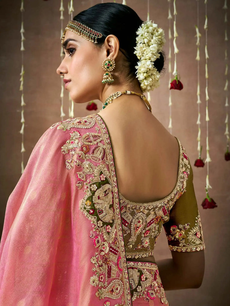 Attractive Dusty Pink Color Sequins Silk Wedding Wear Saree With Blouse