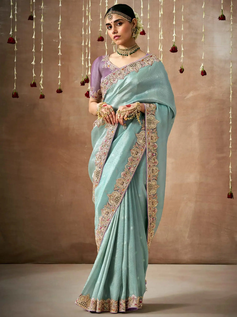 Beautiful Powder Blue Color Sequins Silk Wedding Wear Saree With Blouse