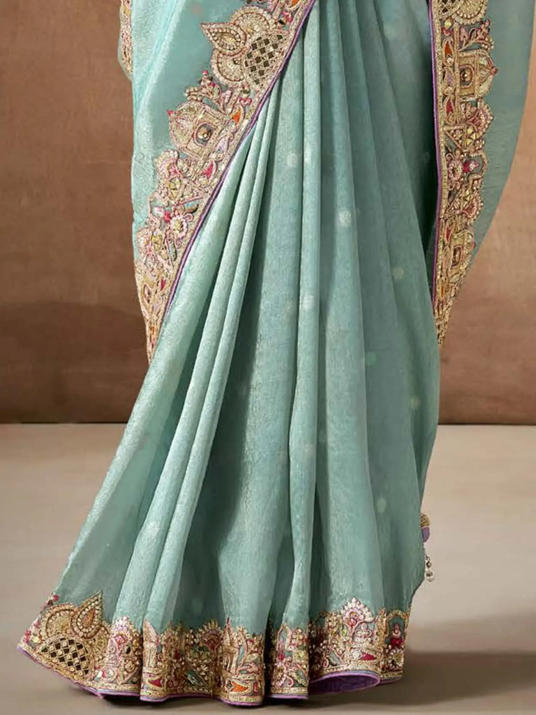 Beautiful Powder Blue Color Sequins Silk Wedding Wear Saree With Blouse