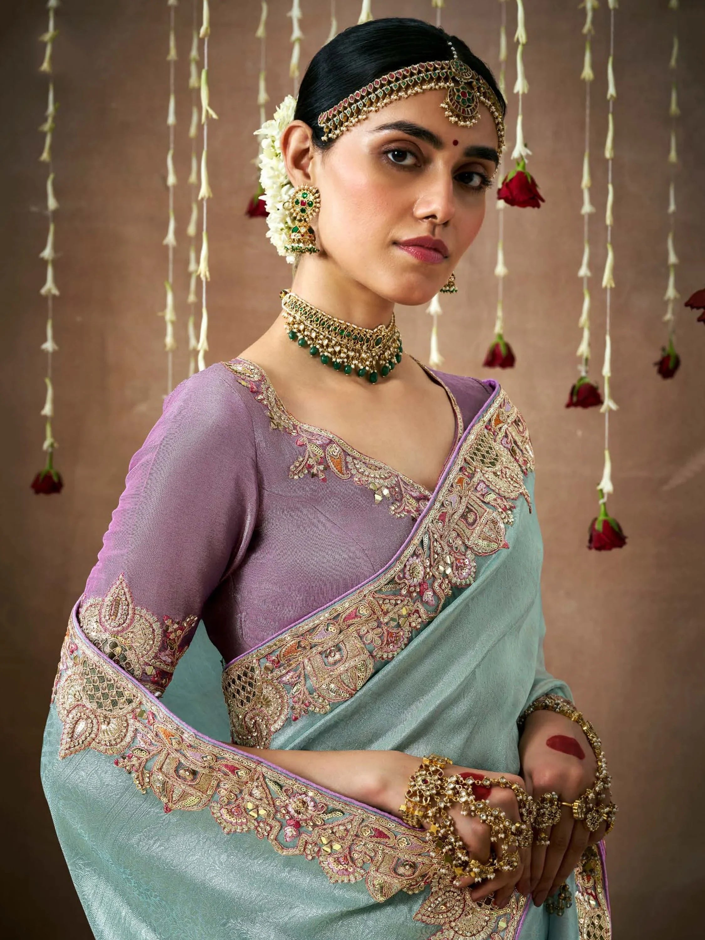 Beautiful Powder Blue Color Sequins Silk Wedding Wear Saree With Blouse