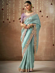 Beautiful Powder Blue Color Sequins Silk Wedding Wear Saree With Blouse