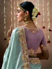 Beautiful Powder Blue Color Sequins Silk Wedding Wear Saree With Blouse