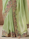 Beautiful Pista Color Sequins Silk Event Wear Saree With Blouse