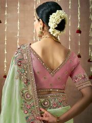Beautiful Pista Color Sequins Silk Event Wear Saree With Blouse