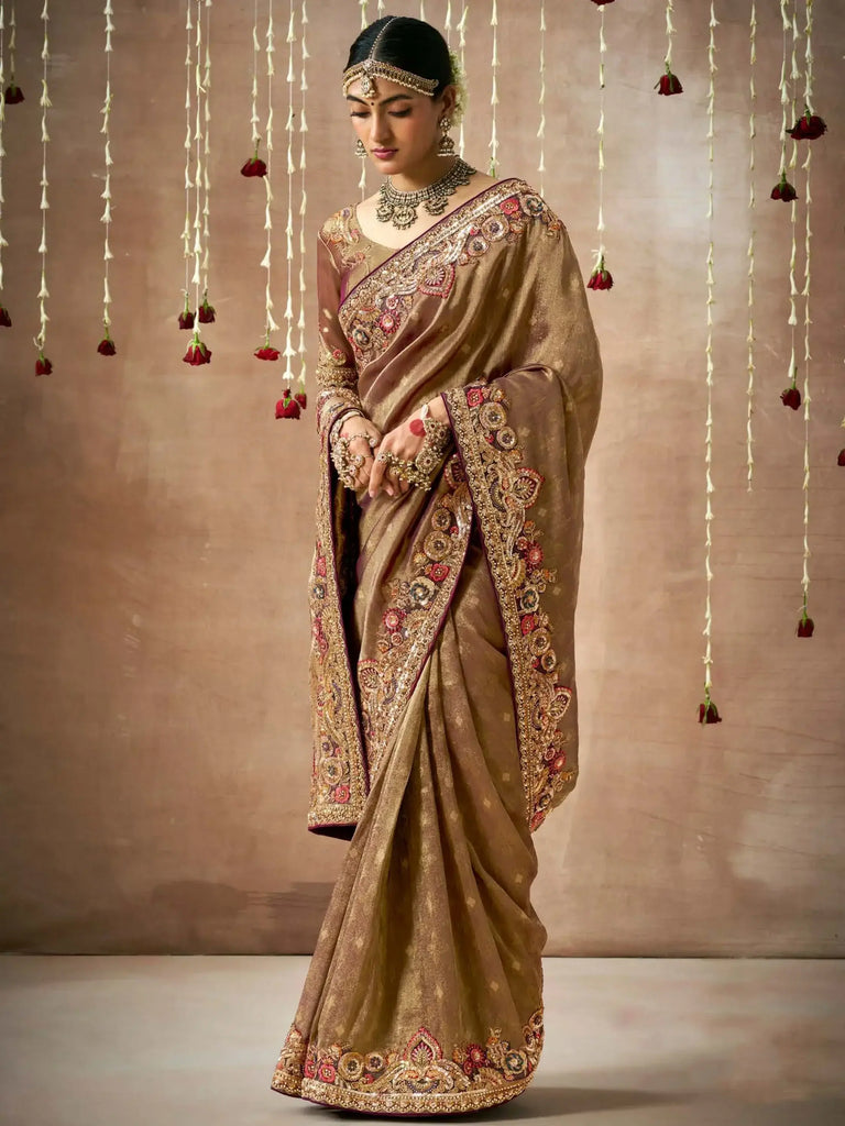 Ravishing Brown Color Sequins Silk Wedding Wear Saree With Blouse