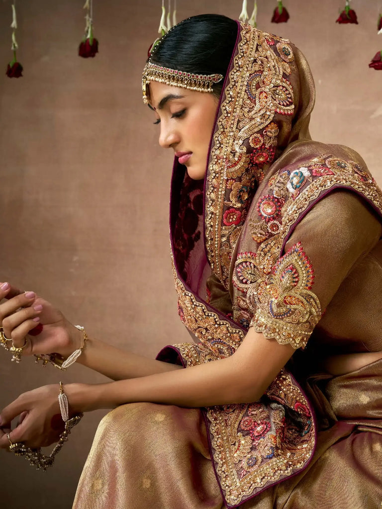 Ravishing Brown Color Sequins Silk Wedding Wear Saree With Blouse