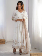 Fascinating Off-White Sequins Chinon Traditional Anarkali Suit
