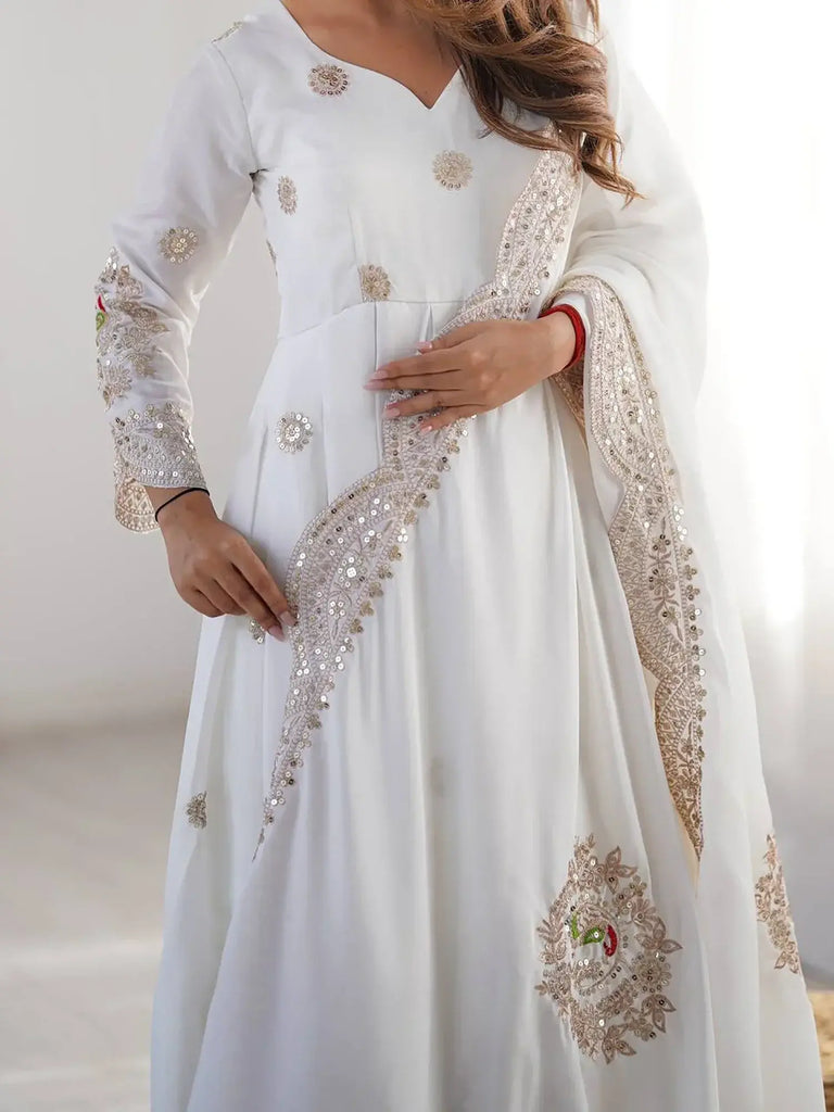 Fascinating Off-White Sequins Chinon Traditional Anarkali Suit