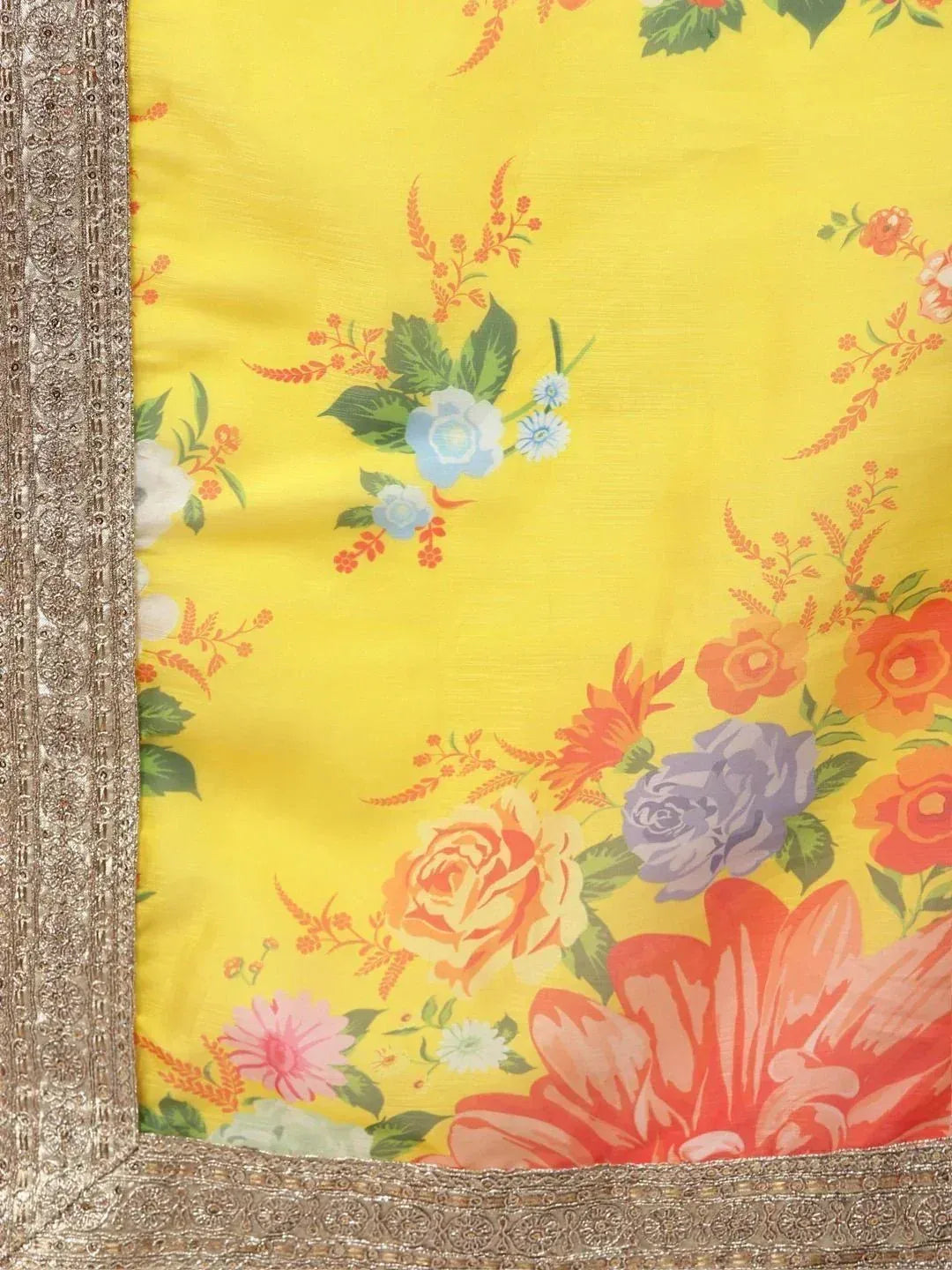 Yellow floral saree with embroidered border, vibrant Indian ethnic wear design