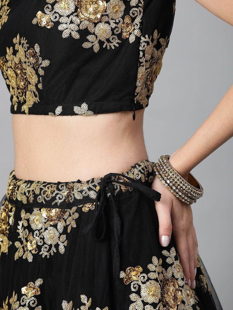 Black & Golden Sequinned Semi-stitched Myntra Lehenga & Blouse With Dupatta