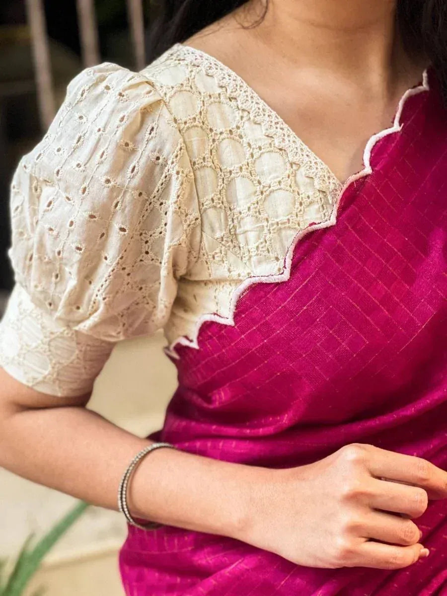 Pink saree with cream lace blouse, ethnic wear for women