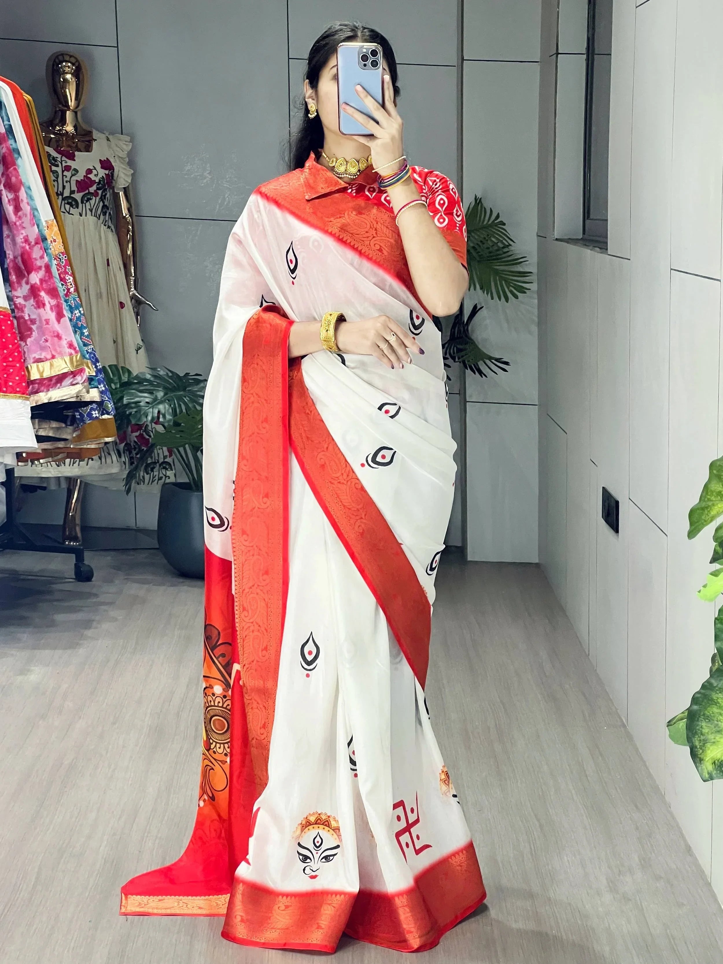 Beautiful White Silk Digital Printed Durga Pooja Saree With Blouse