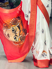 Beautiful White Silk Digital Printed Durga Pooja Saree With Blouse