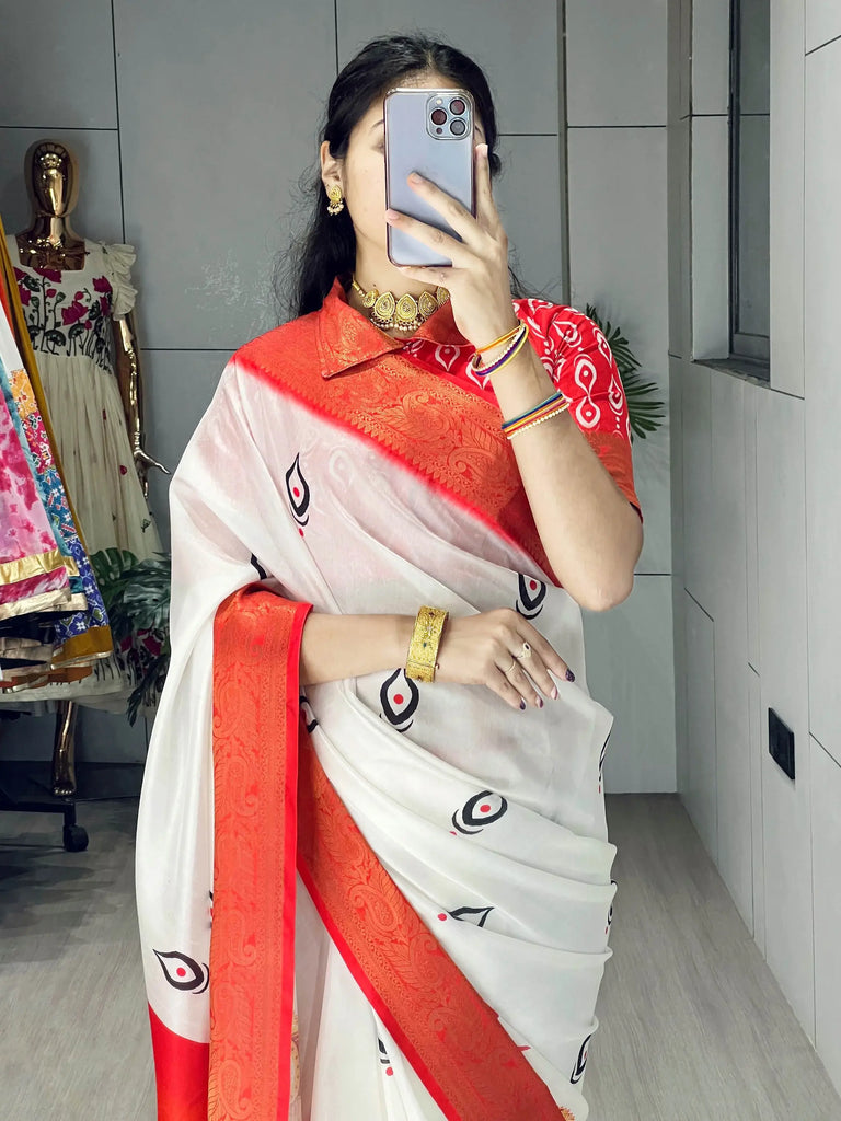 Beautiful White Silk Digital Printed Durga Pooja Saree With Blouse