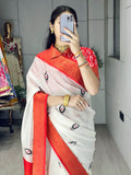 Beautiful White Silk Digital Printed Durga Pooja Saree With Blouse