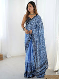 Elegant Blue Mirror Cut Work Printed Saree With Blouse - Ethnic Plus In