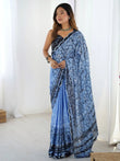 Elegant Blue Mirror Cut Work Printed Saree With Blouse - Ethnic Plus In