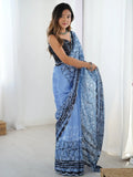 Elegant Blue Mirror Cut Work Printed Saree With Blouse - Ethnic Plus In