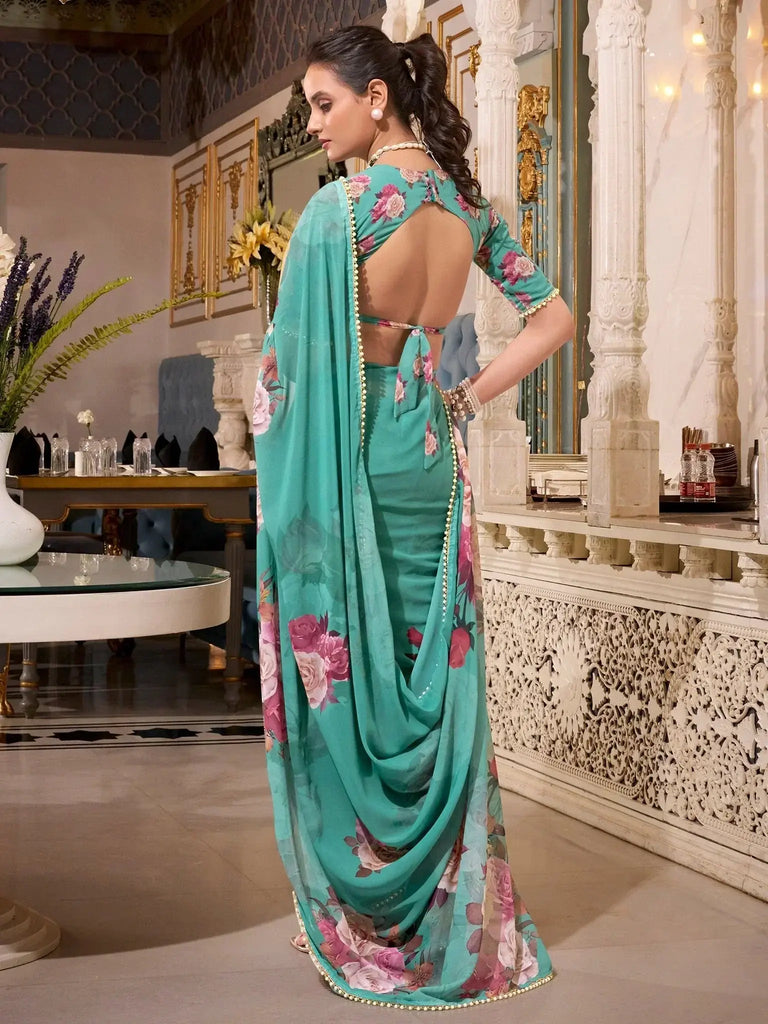 Elegant Green Georgette Floral Printed Saree With Blouse - Ethnic Plus In