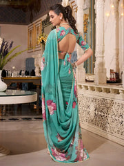 Elegant Green Georgette Floral Printed Saree With Blouse - Ethnic Plus In