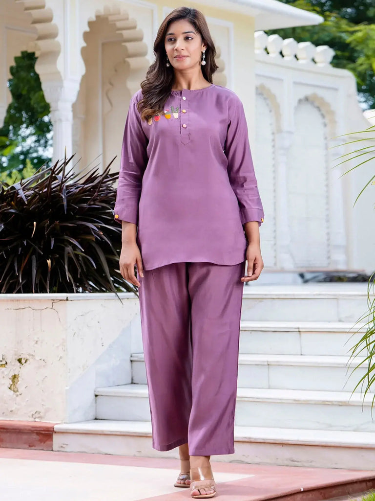 Elegant Lavender Silk Blend Hand Embroidery Casual Wear Co - ord Set - Ethnic Plus In