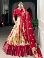 Elegant Red Shibori Printed Dola Silk Wedding Wear Lehenga Choli