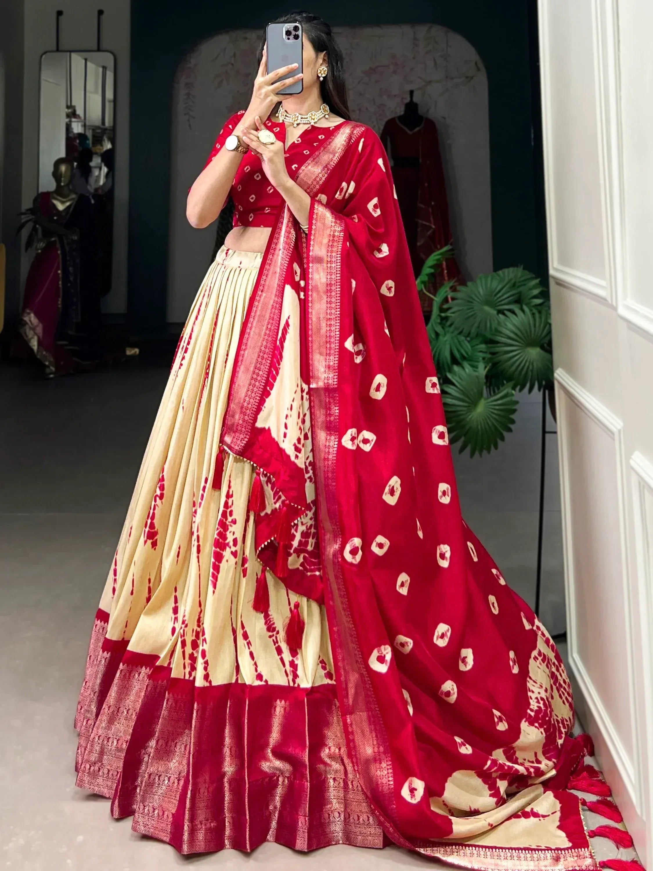 Red and cream designer lehenga choli with printed dupatta, ethnic wear for women