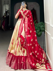 Elegant Red Shibori Printed Dola Silk Wedding Wear Lehenga Choli - Ethnic Plus In