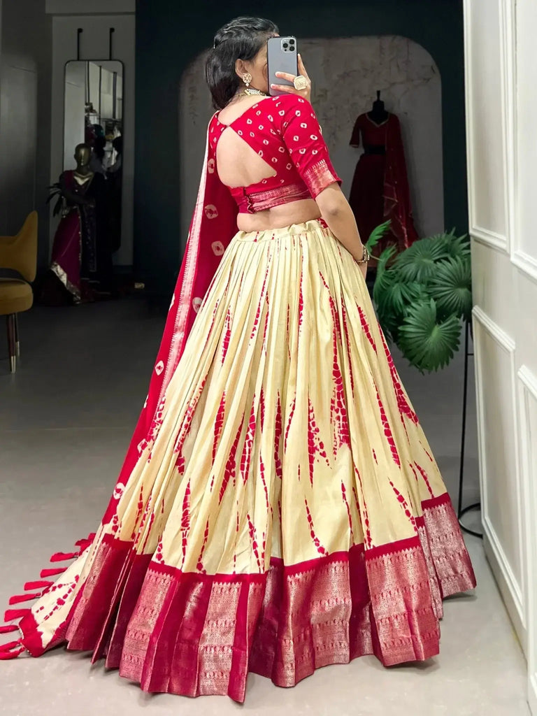 Elegant Red Shibori Printed Dola Silk Wedding Wear Lehenga Choli - Ethnic Plus In
