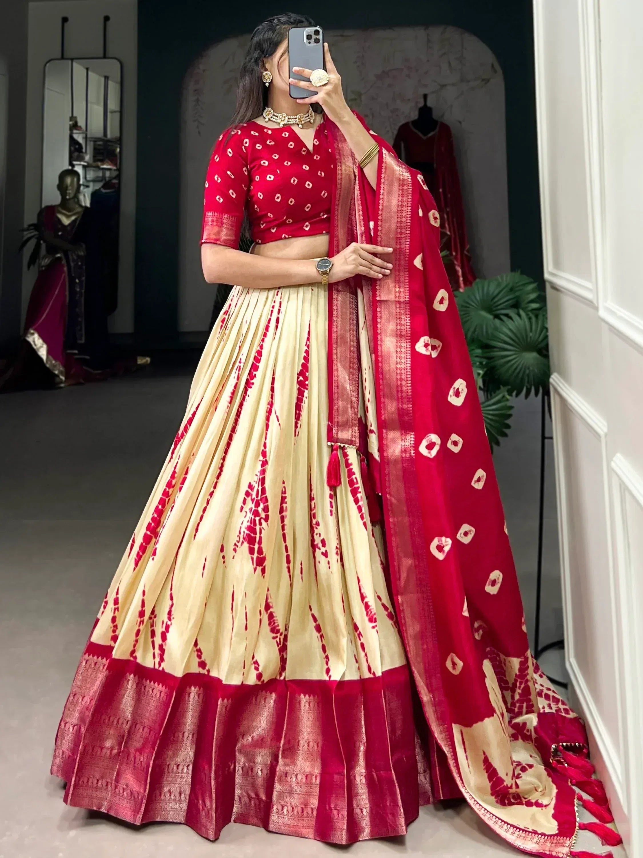 Red and cream designer lehenga choli with printed dupatta, ethnic wear for women