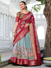 Elegant Sea Green Kalamkari Printed Dola Silk Festive Wear Lehenga Choli - Ethnic Plus In