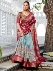 Elegant Sea Green Kalamkari Printed Dola Silk Festive Wear Lehenga Choli - Ethnic Plus In