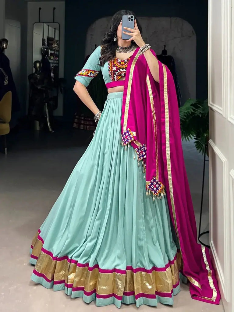 Elegant Sky Blue Rayon Mirror Work Navratri Lehenga Choli - Ethnic Plus In