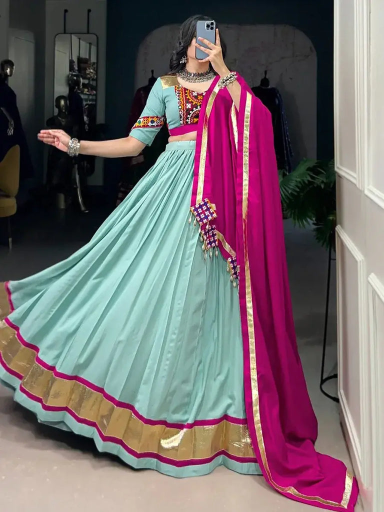 Elegant Sky Blue Rayon Mirror Work Navratri Lehenga Choli - Ethnic Plus In