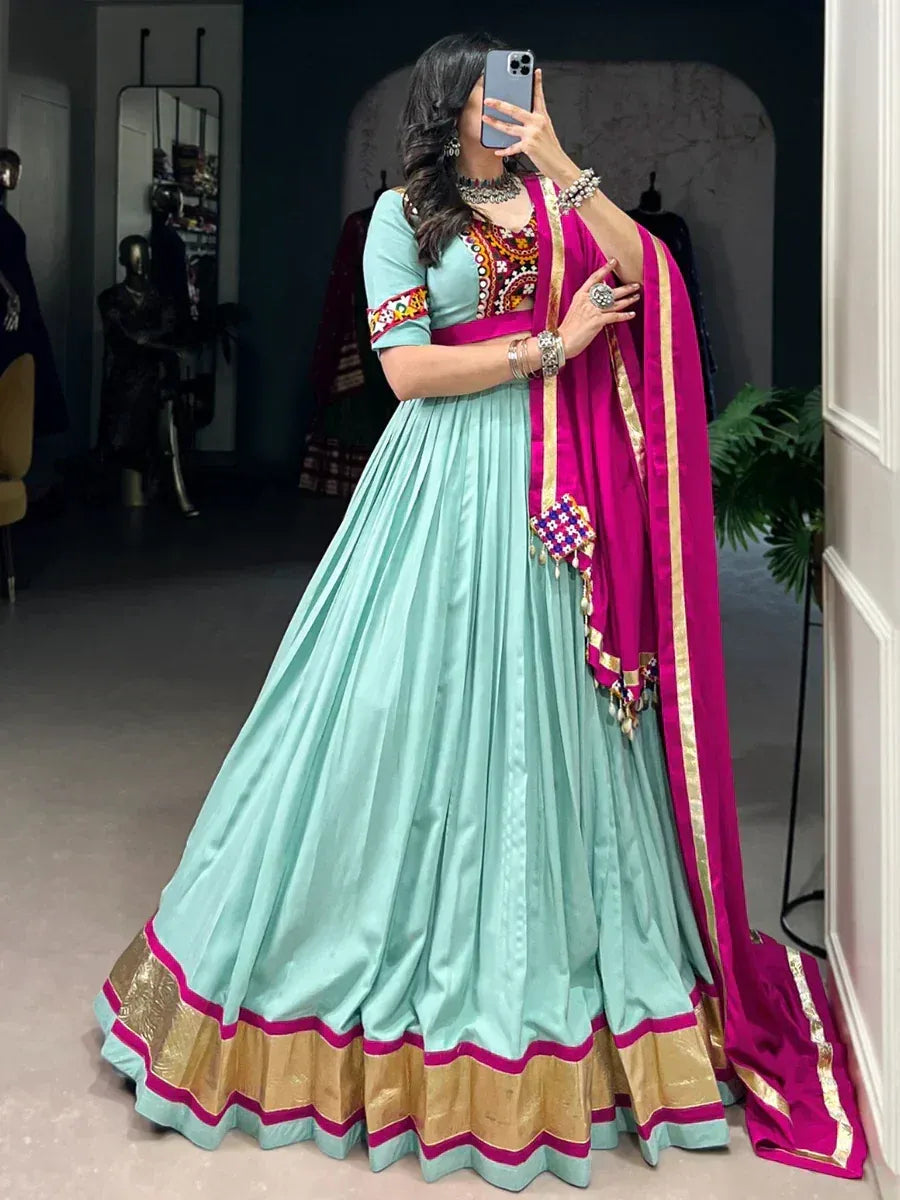 Mint green lehenga choli with pink dupatta, ethnic Indian wear, designer embroidery, gold border