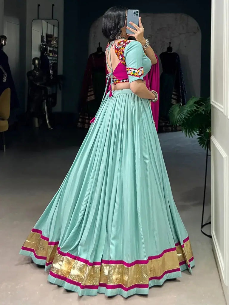 Elegant Sky Blue Rayon Mirror Work Navratri Lehenga Choli - Ethnic Plus In
