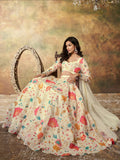 Enchanting Beige Floral Printed Organza Festival Wear Lehenga Choli - Ethnic Plus In