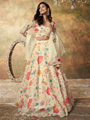 Enchanting Beige Floral Printed Organza Festival Wear Lehenga Choli - Ethnic Plus In