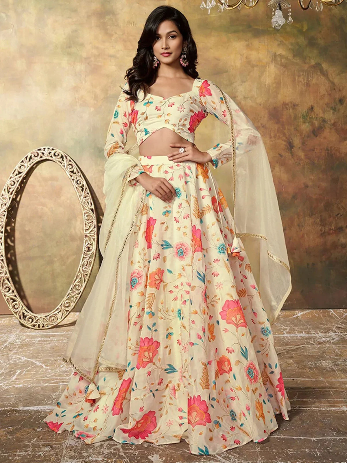 Enchanting Beige Floral Printed Organza Festival Wear Lehenga Choli - Ethnic Plus In