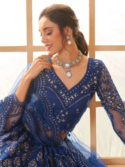 Enchanting Blue Embroidered Net Wedding Lehenga Choli With Dupatta - Ethnic Plus In