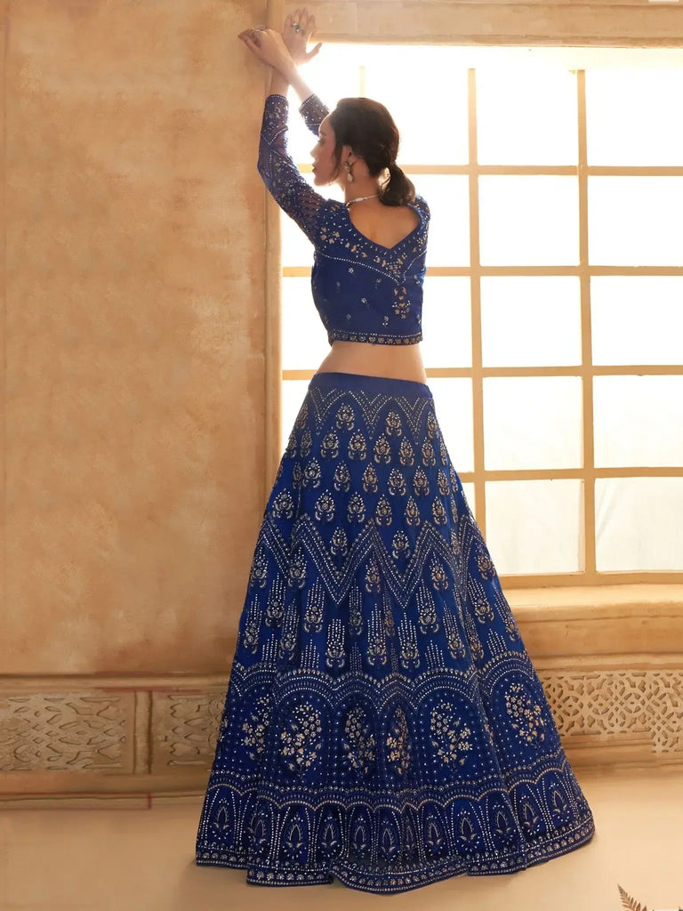 Enchanting Blue Embroidered Net Wedding Lehenga Choli With Dupatta - Ethnic Plus In