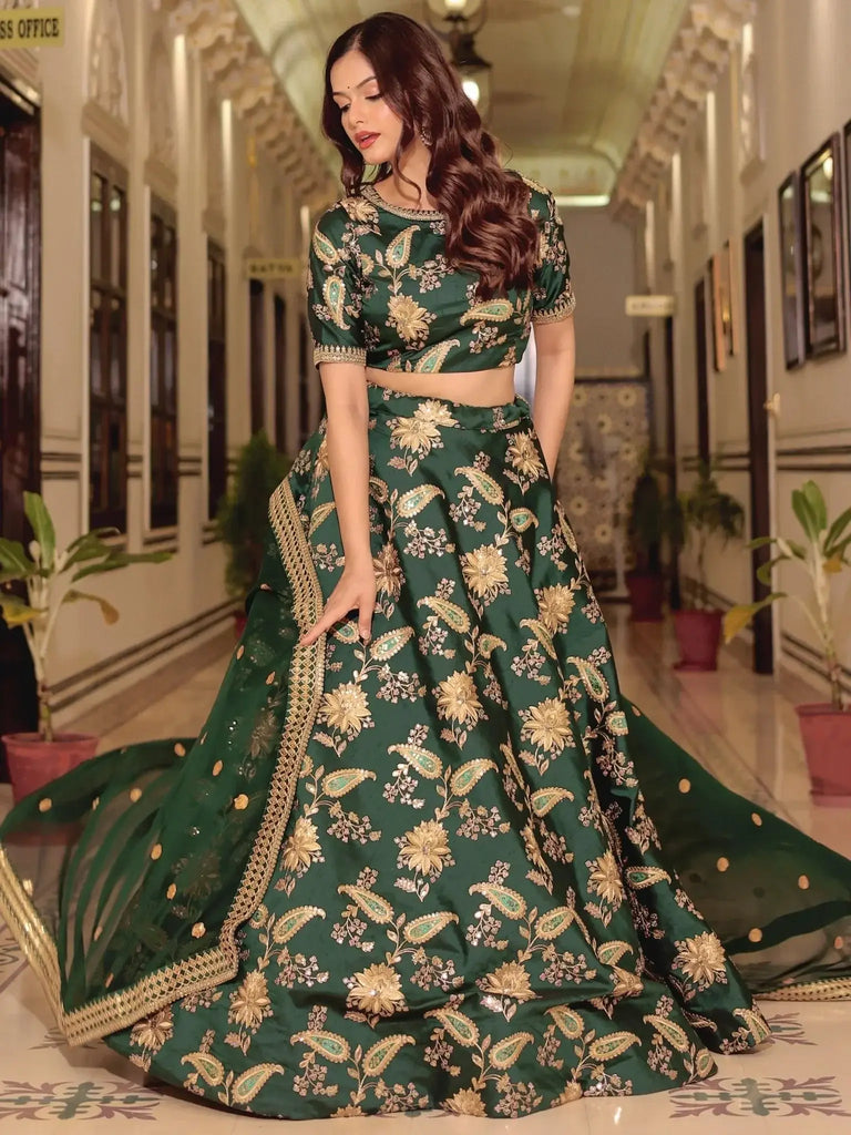 Enchanting Bottle Green Zari Work Art Silk Wedding Wear Lehenga Choli - Ethnic Plus In