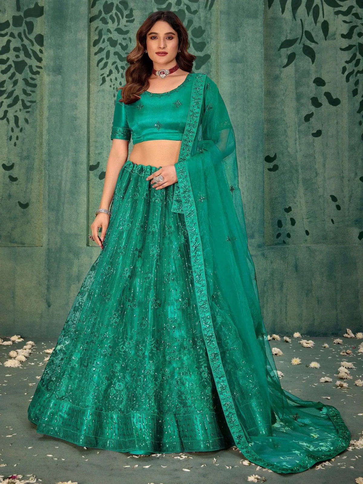 Enchanting Green Embroidered Net Wedding Wear Lehenga Choli - Ethnic Plus In