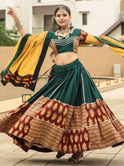 Enchanting Green Printed Cotton Navratri Lehenga Choli With Dupatta - Ethnic Plus In