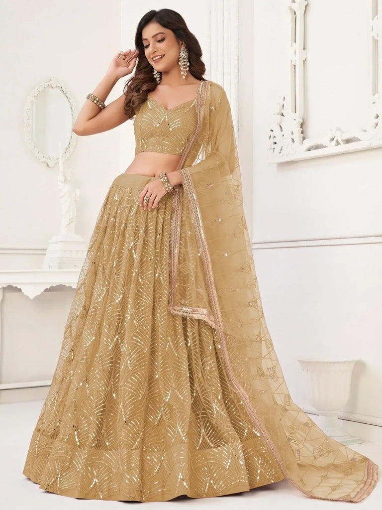 Enchanting Light Brown Sequins Net Festival Wear Lehenga Choli - Ethnic Plus In