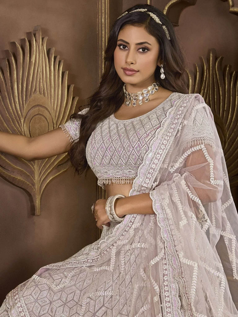 Enchanting Light Purple Embroidered Net Lehenga Choli With Dupatta - Ethnic Plus In